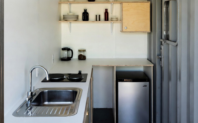 Compact kitchen fitted inside a Micro-Hangar shipping container module