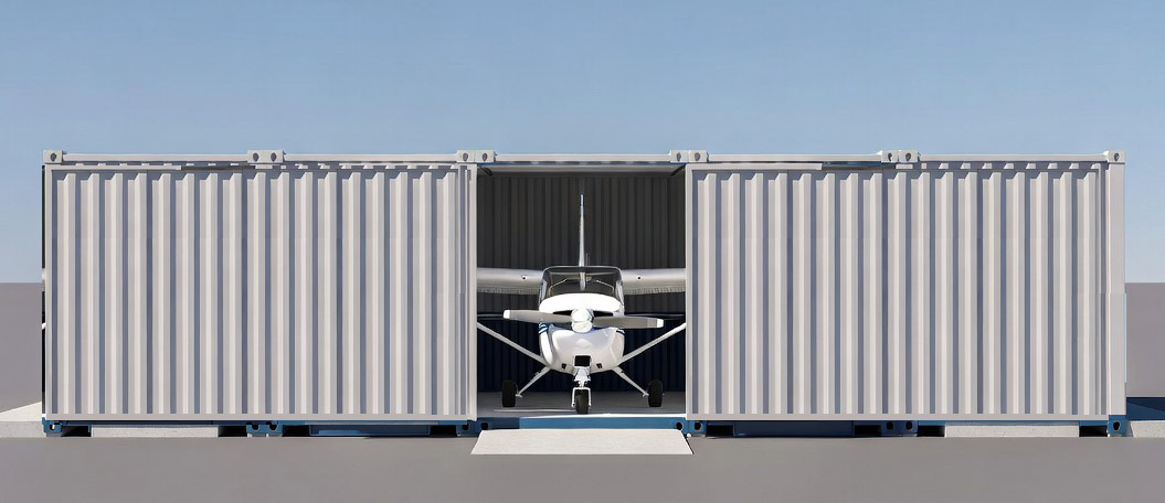 Three 40ft ISO containers forming a Micro-Hangar aircraft hangar